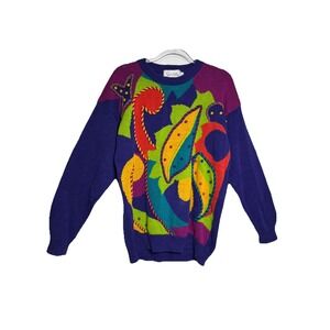 Santoria Women's Size M Vintage 90s‎ 3D Embroidered Colorful Geometric Sweater